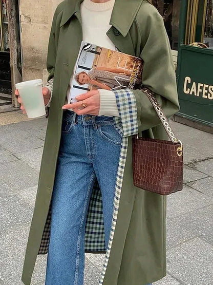 Damen Trenchcoat Lang Übergangsjacke Kariert Gefüttert Khaki Beige Schwarz Zweireiher