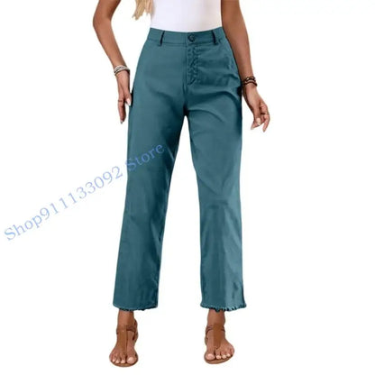 Damen Freizeithose mit hohem Bund und Fransen Saum