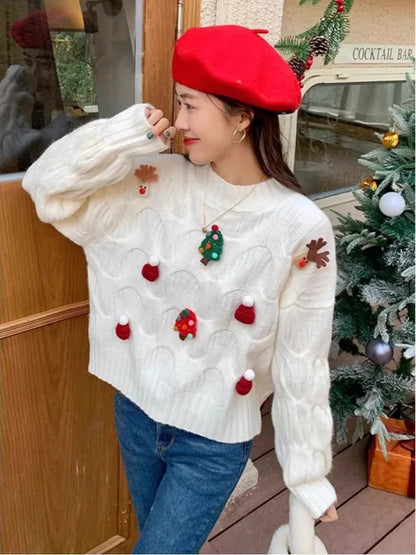 Damen Weihnachtspullover mit Zopfmuster & festlichen Applikationen – Weihnachten Strickpullover