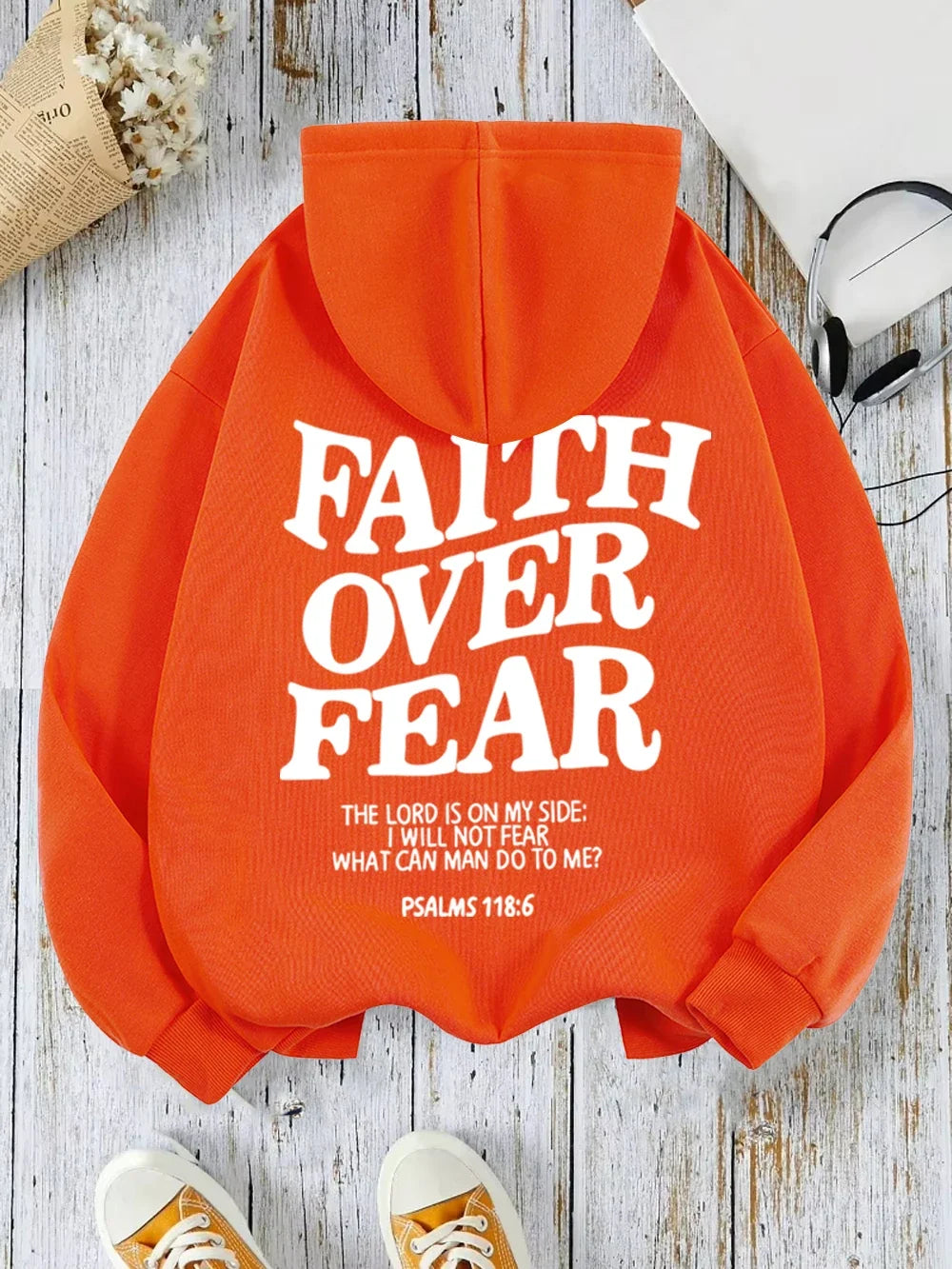 Hoodie mit Kapuze und "Faith Over Fear" Druck, lockere Passform