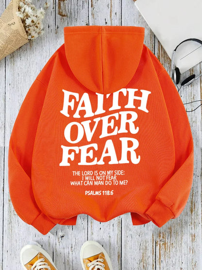 Hoodie mit Kapuze und "Faith Over Fear" Druck, lockere Passform