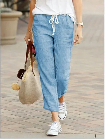 Damen Leinenhose mit Gummibund und Kordelzug, Cropped-Länge