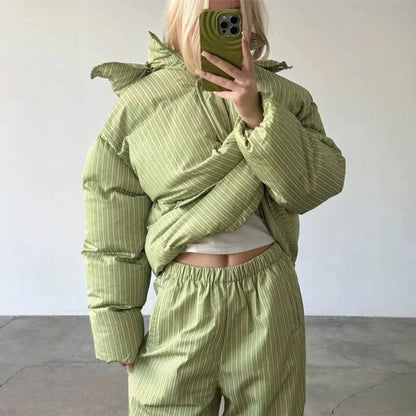 Gepolsterte Pufferjacke mit Kapuze für Damen, gestreift, Oversize-Passform