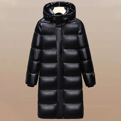 Langer glänzender Steppmantel Damen Schwarz mit Kapuze Winterjacke