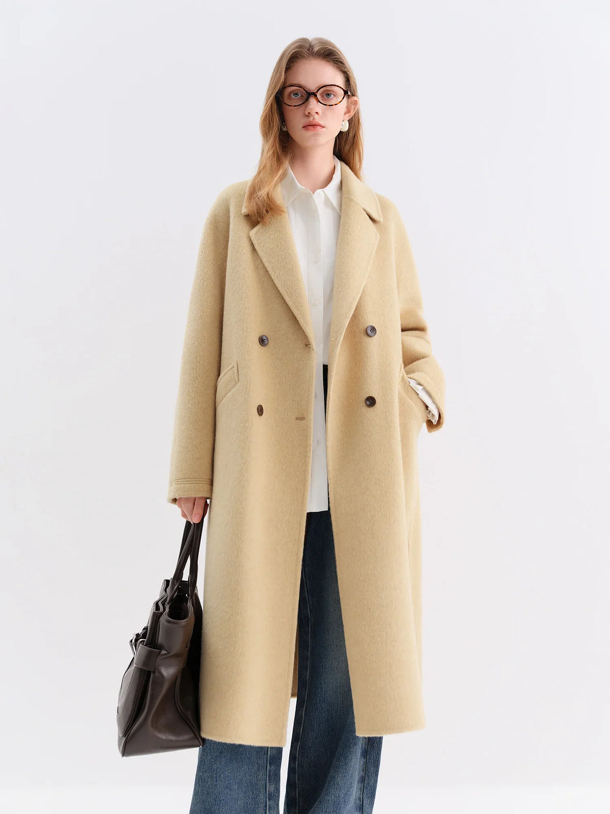 Damen Langer Mantel Zweireihig mit Reverskragen in Beige