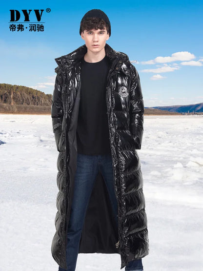 Langer Schwarzer Glänzender Puffer Steppmantel mit Kapuze für Herren