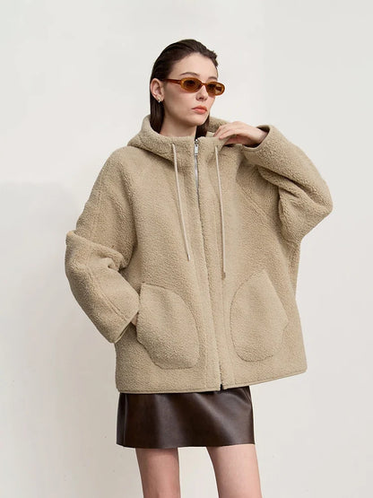 Damen Kapuzenjacke Kurz mit Reißverschluss Teddyfleece Futter
