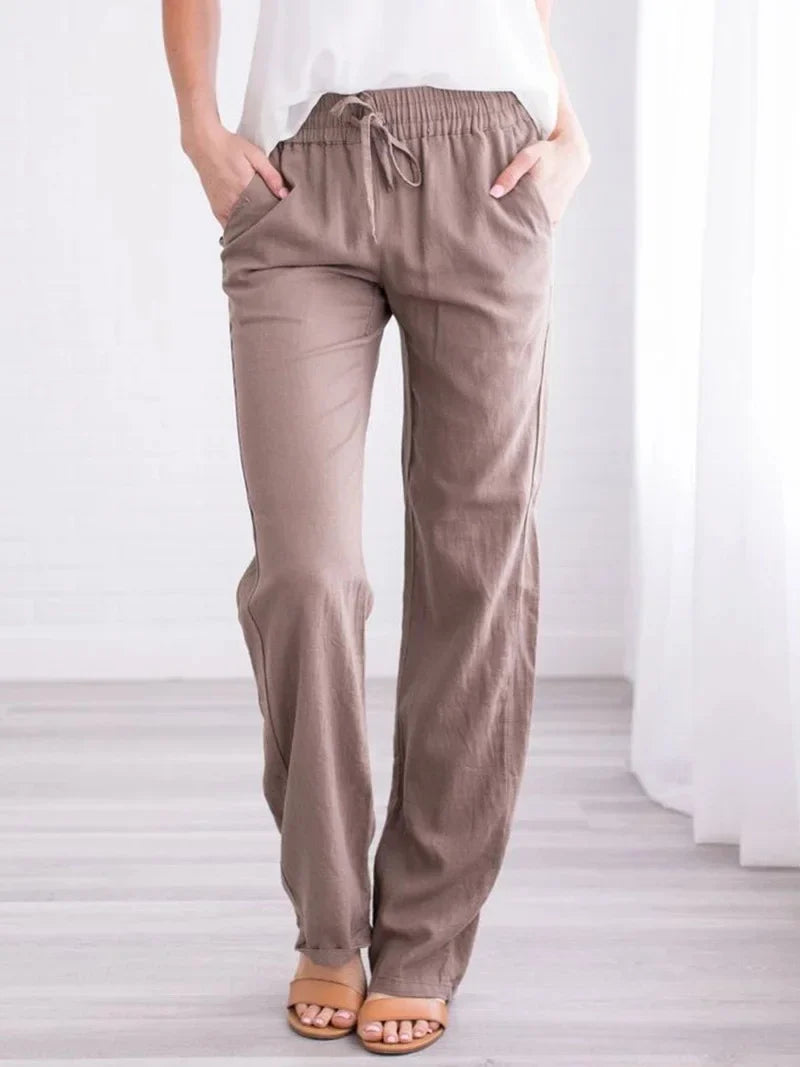 Damen Freizeithose mit weitem Bein und Kordelzug, Leinen-Look, Elastischer Bund
