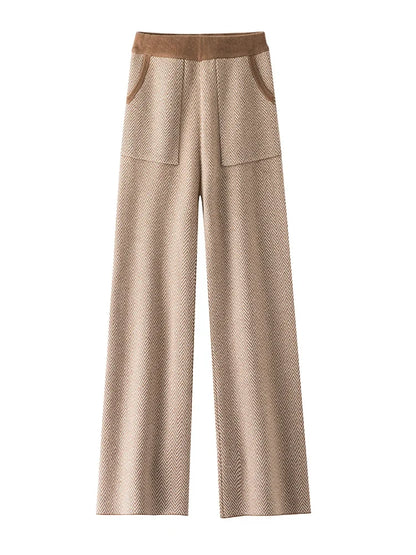 Damen Strickhose weit geschnitten mit Fischgrätmuster und seitlichen Taschen