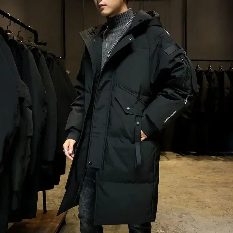 Herren Winter Steppmantel Lang mit Kapuze und Reißverschluss