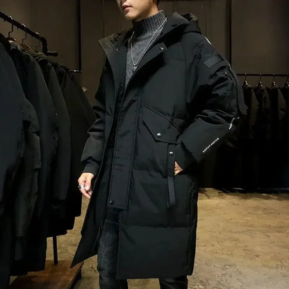 Herren Winter Steppmantel Lang mit Kapuze und Reißverschluss