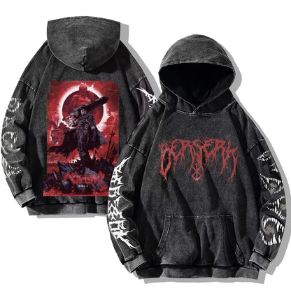 Oversized Kapuzenpullover Dunkelgrau mit Front- und Rückenprint und Ärmelprints