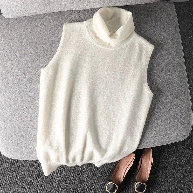 Damen Rollkragen Weste Ärmellos Strickpullover Unifarben