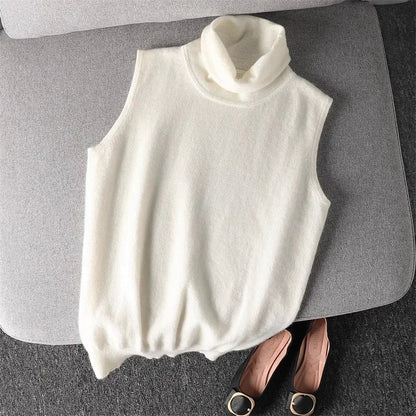 Damen Rollkragen Weste Ärmellos Strickpullover Unifarben