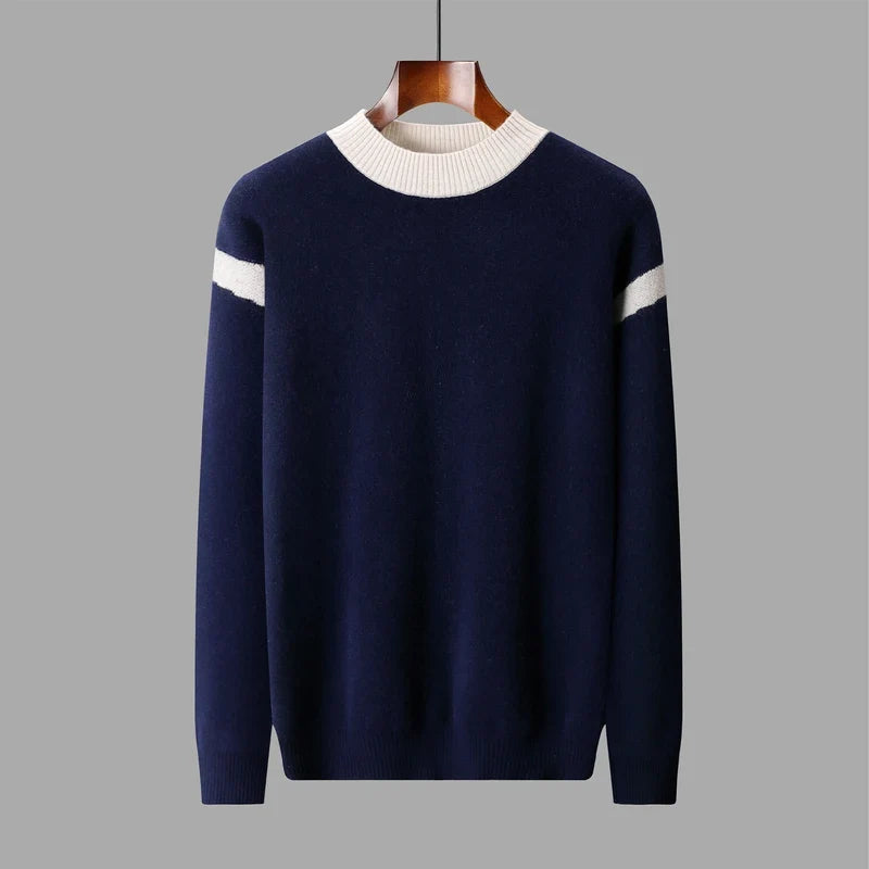 Herren Pullover Strick Rundhals Karamellbraun mit weißen Streifen