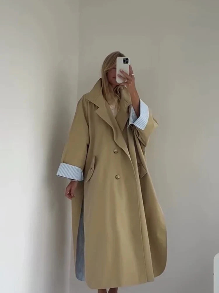 Damen Oversize Trenchcoat Mantel Lang Windbreaker Khaki