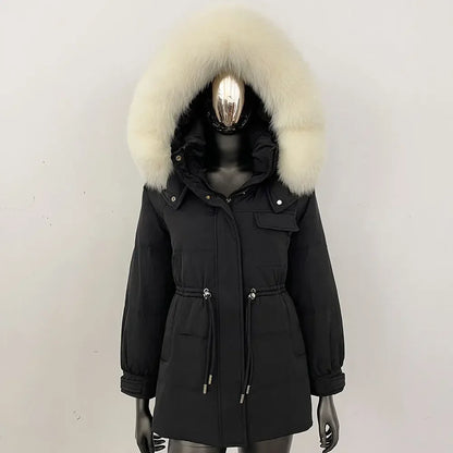 Damen Winter Parka mit Kapuze und Fellkragen Tunnelzug Weiß