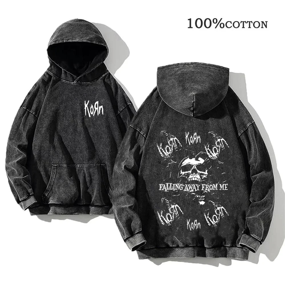 Unisex Kapuzenpullover Grau verwaschen mit Band-Print Vorn & Hinten