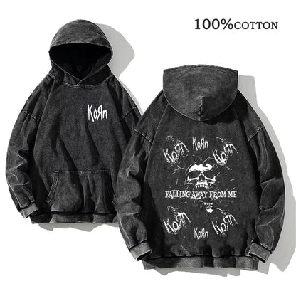 Unisex Kapuzenpullover Grau verwaschen mit Band-Print Vorn & Hinten