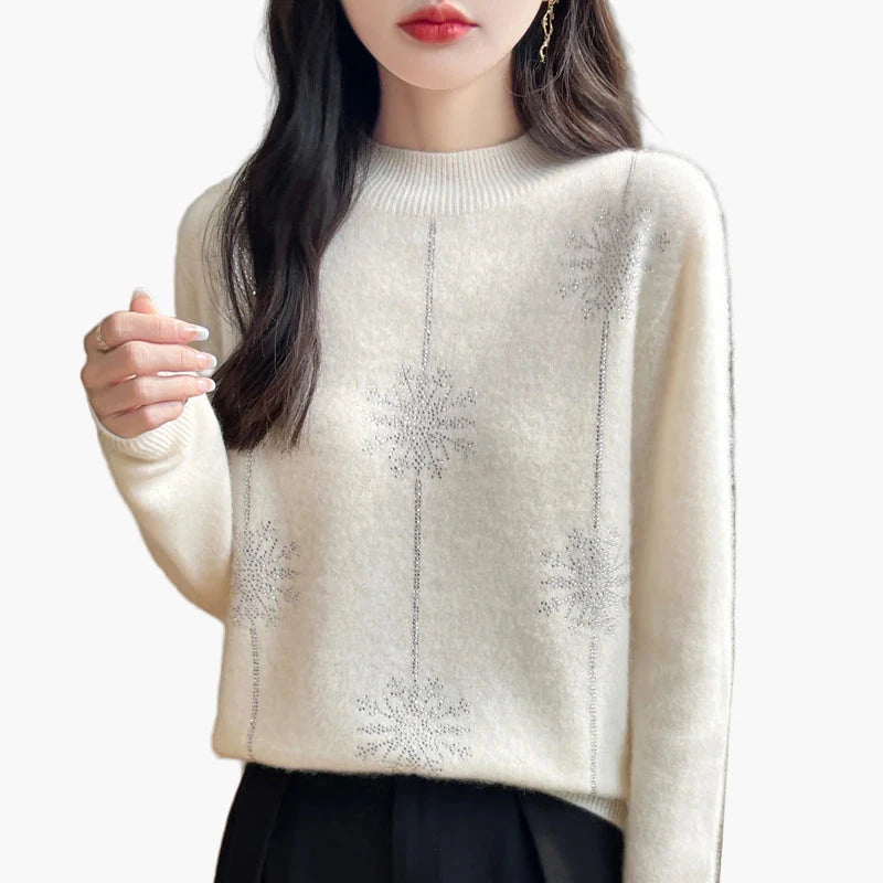 Damen Pullover mit Strass Schneeflocken Dekor – Eleganter Winter Strickpullover für Alltag und Büro