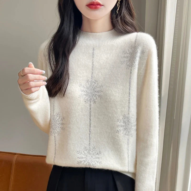 Damen Pullover mit Stehkragen und Schneeflocken-Strassmuster