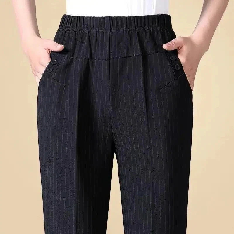 Damen Hose weites Bein Gummibund mit Knopftaschen Schwarz Kariert Gestreift Große Größen