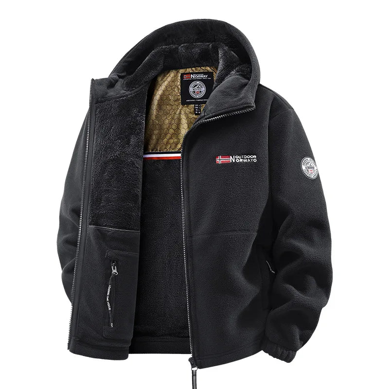 Herren Fleecejacke mit Kapuze und Plüschfutter, warm und weich, Reißverschluss, für Outdoor