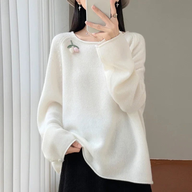 Damen Pullover Langarm Rundhals mit Beeren-Applikation