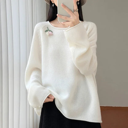 Damen Pullover Langarm Rundhals mit Beeren-Applikation