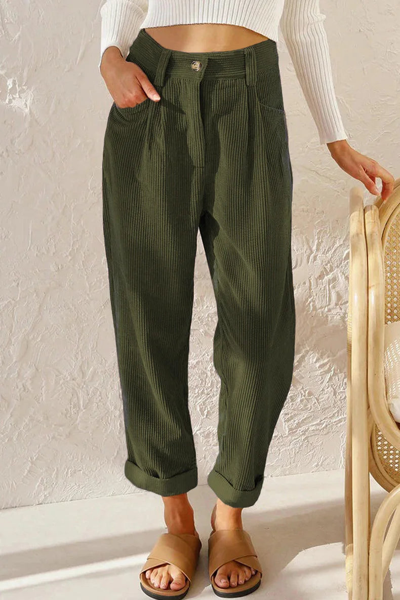 Damen Cordhose Plissee High Waist Cropped-Hose mit Falten