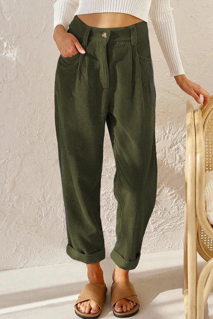 Damen Cordhose Plissee High Waist Cropped-Hose mit Falten