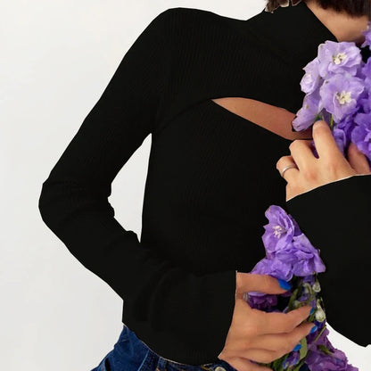 Damen Rollkragenpullover Gerippt mit Cut-Out Langarm Oberteil