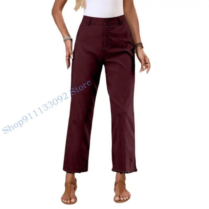 Damen Freizeithose mit hohem Bund und Fransen Saum