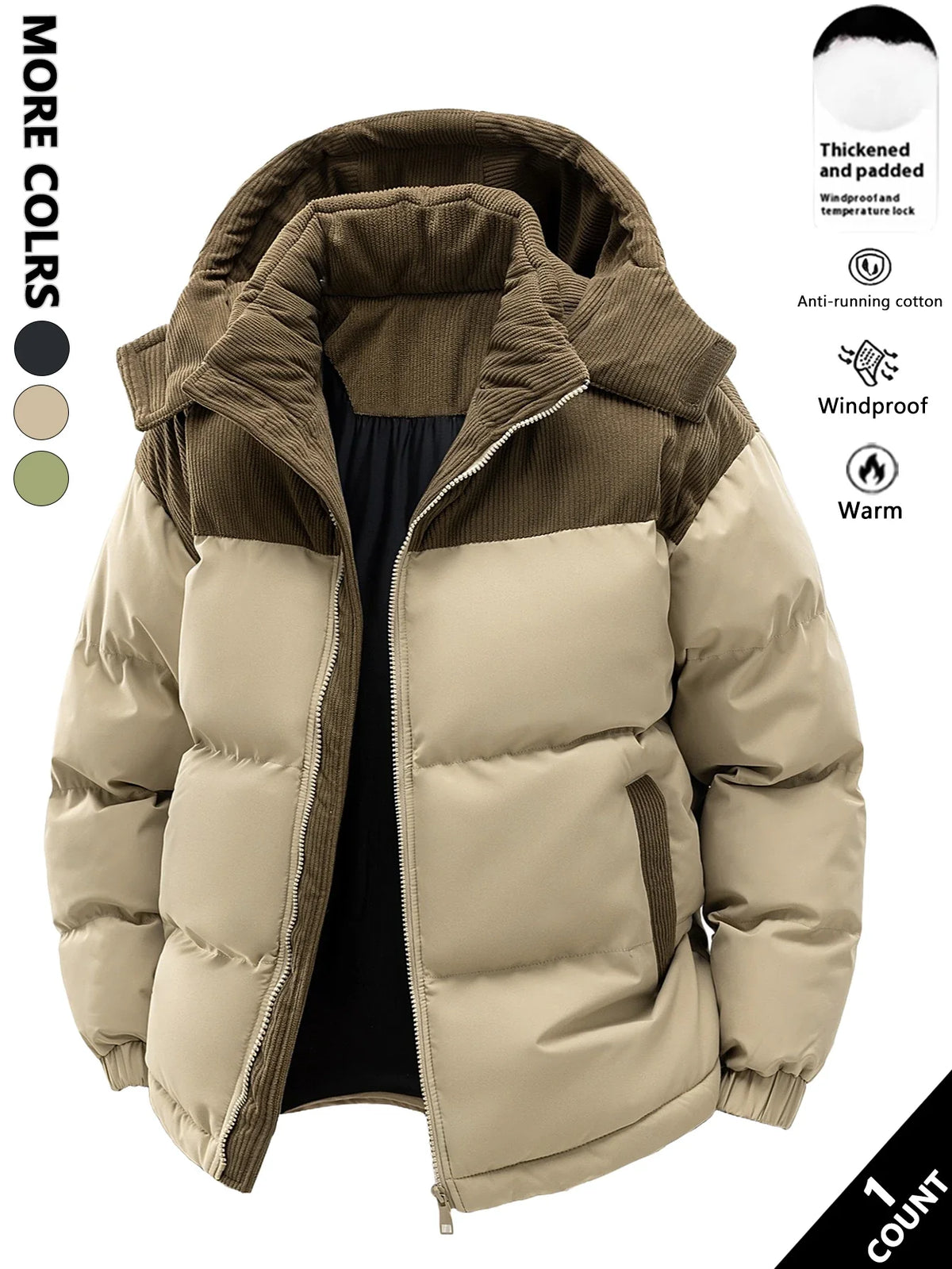 Gepolsterte Winterjacke mit Kapuze und Cord-Details für Herren