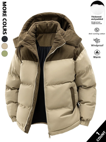 Gepolsterte Winterjacke mit Kapuze und Cord-Details für Herren