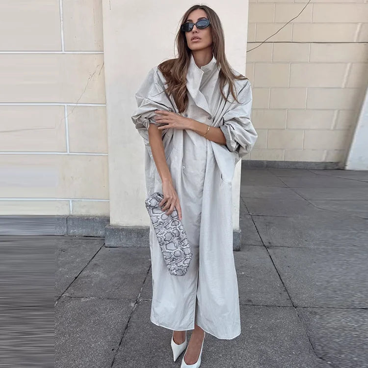 Damen Langer Mantel Übergroßer Trenchcoat mit Stehkragen und weiten Ärmeln