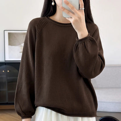 Damen Pullover Rundhals Langarm Strickpullover lockerer Schnitt