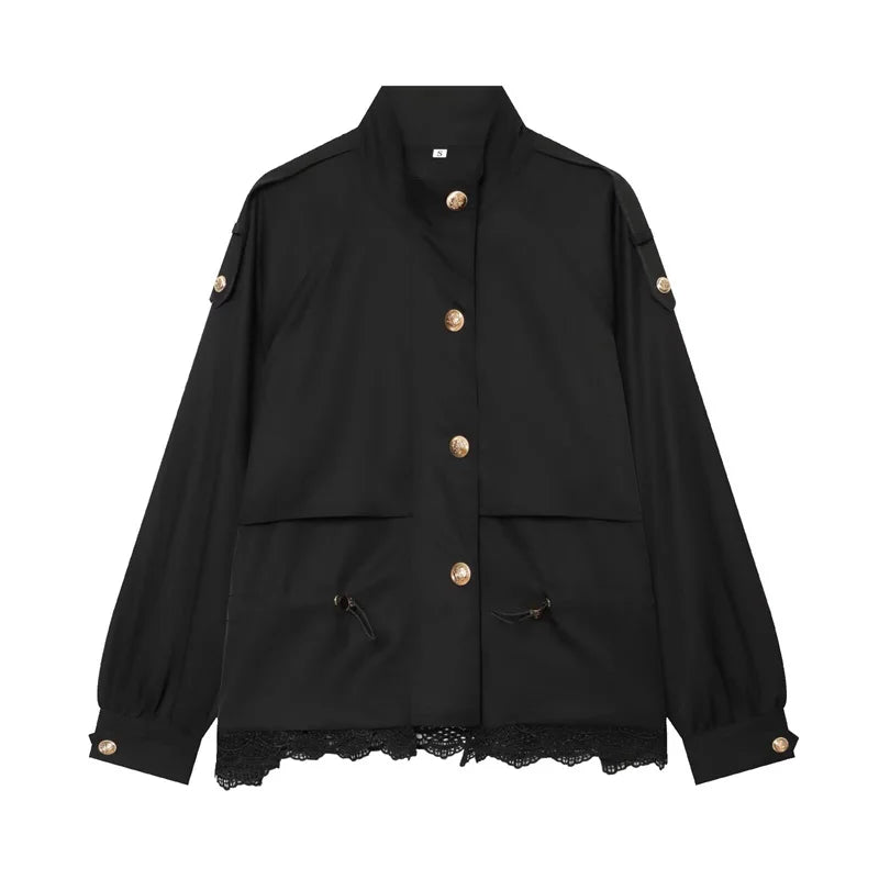 Damen Jacke mit Stehkragen, Schnürzug und Häkelspitze, Verschiedene Farben