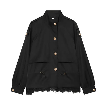 Damen Jacke mit Stehkragen, Schnürzug und Häkelspitze, Verschiedene Farben