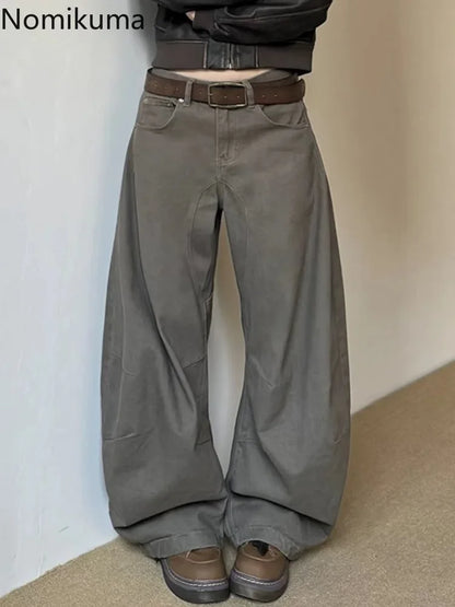 Weite Baggy Hose für Damen in Dunkelgrau/Braun mit geradem Bein