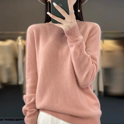 Damen Pullover Rundhals Langarm Strickpullover Weich Unifarben