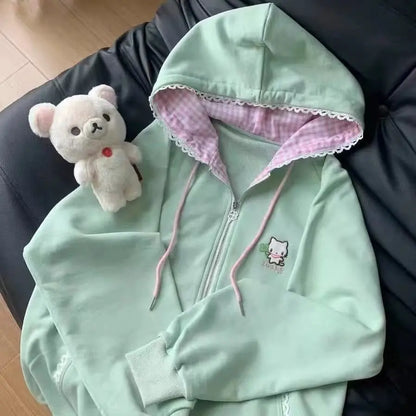 Damen Kapuzenjacke Reißverschluss Stickerei Rosa Grün