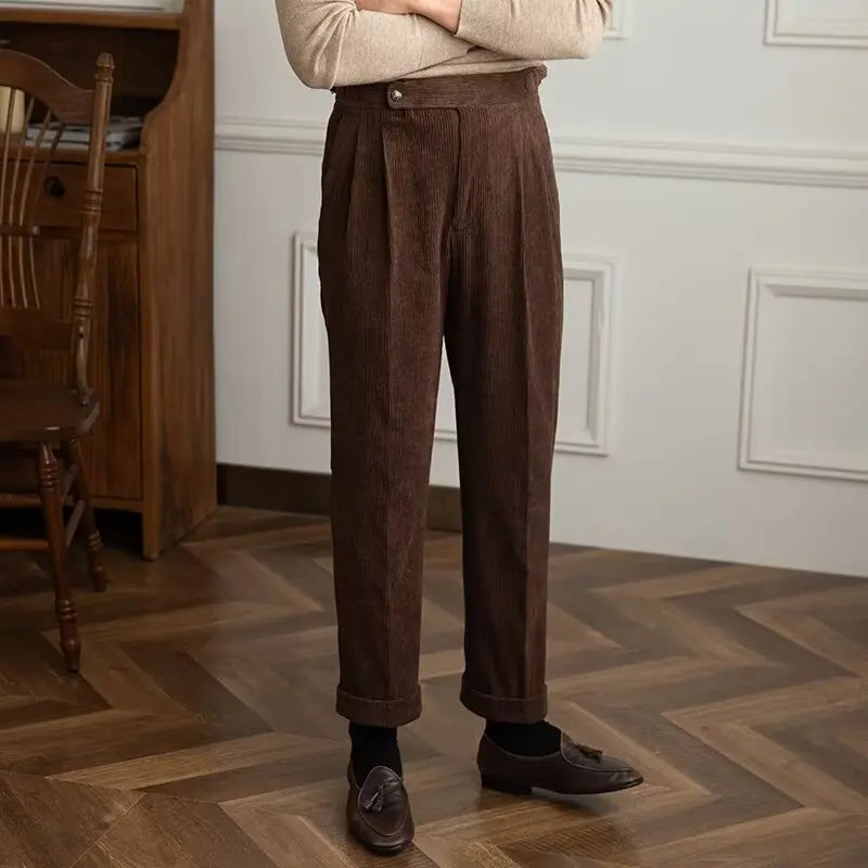Cordhose Herren Plissee Weites Bein Knopfleiste Beige