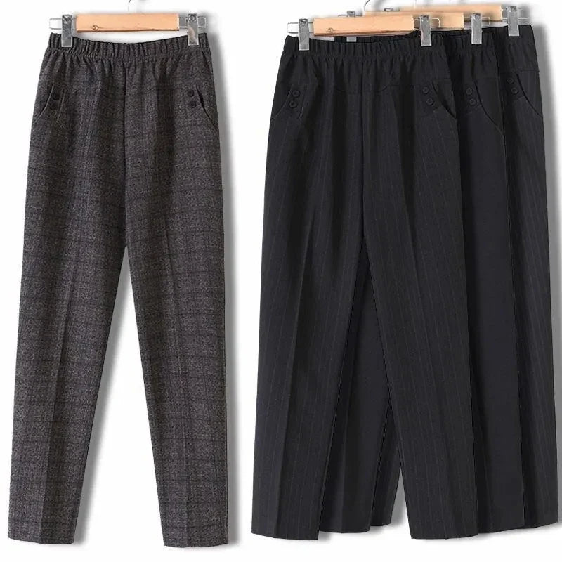 Damen Hose weites Bein Gummibund mit Knopftaschen Schwarz Kariert Gestreift Große Größen
