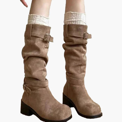 Damen Kniehohe Stiefel mit Blockabsatz und Schnallen – Modische Freizeit- und Herbstschuhe