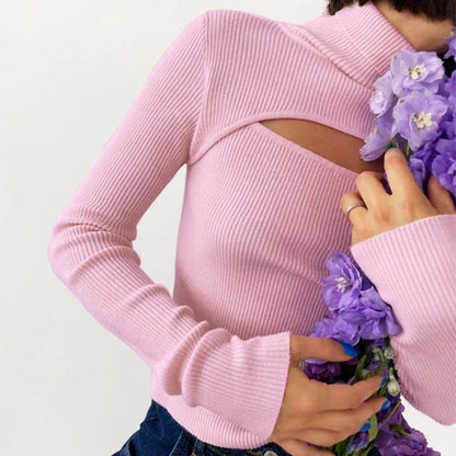 Damen Rollkragenpullover Gerippt mit Cut-Out Langarm Oberteil