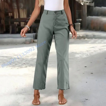 Damen Freizeithose mit hohem Bund und Fransen Saum