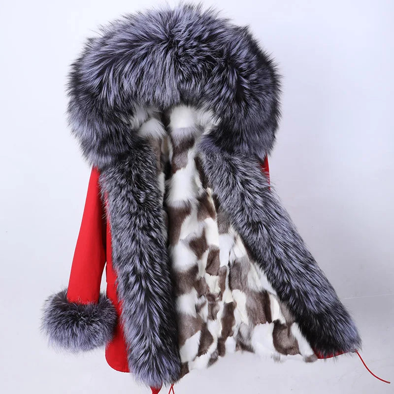 Damen Winterparka mit Kapuze & Pelzimitat-Futter in Rosa