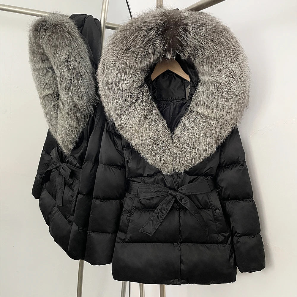 Damen Winter Steppjacke mit Kunstpelzkragen und Gürtel