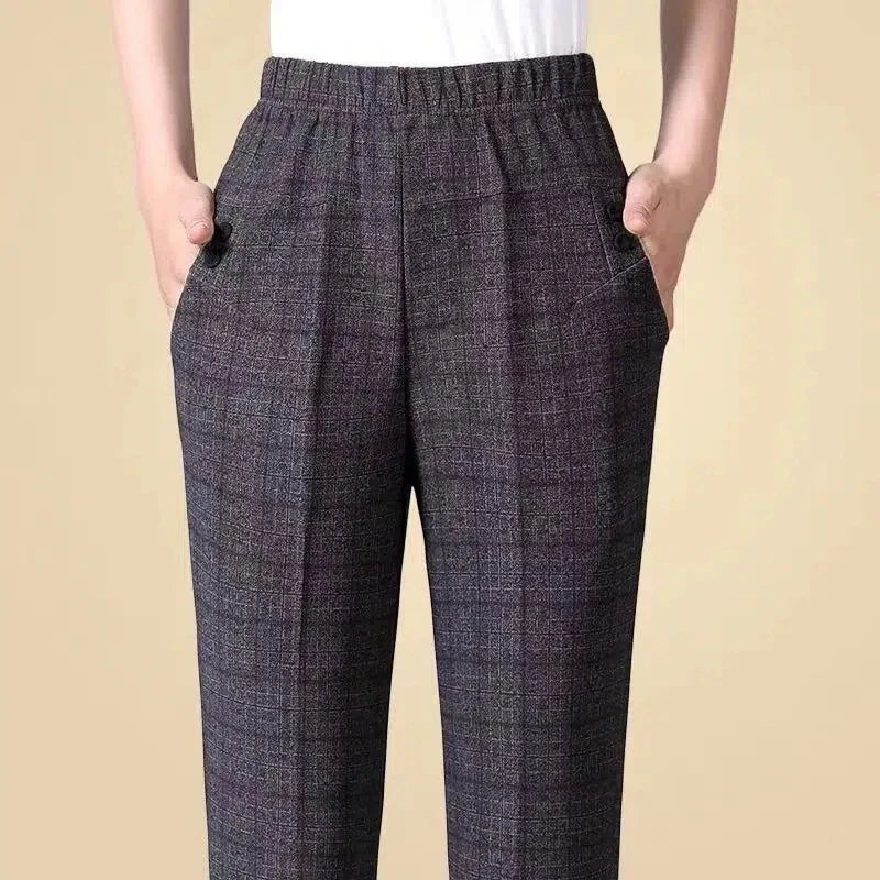 Damen Hose weites Bein Gummibund mit Knopftaschen Schwarz Kariert Gestreift Große Größen